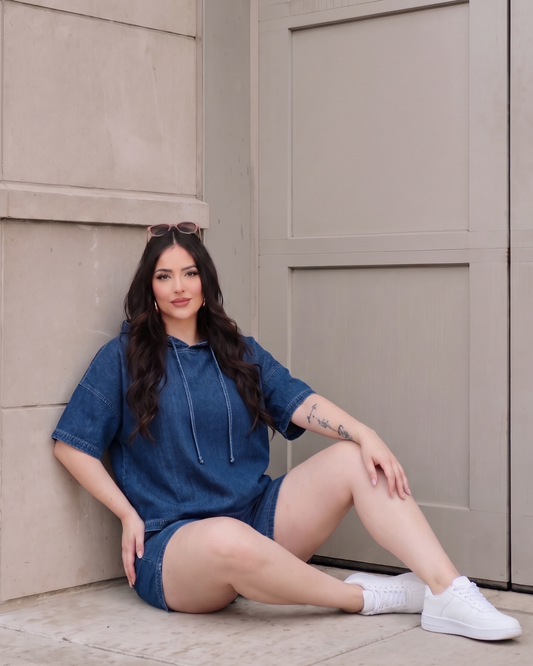 Women's Denim Hoodie Top – Relaxed Casual Pullover, product view – Rosie Mode