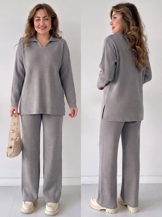 Women's Knit Two-Piece Set – Cozy Matching Outfit in Gray, product view – Rosie Mode