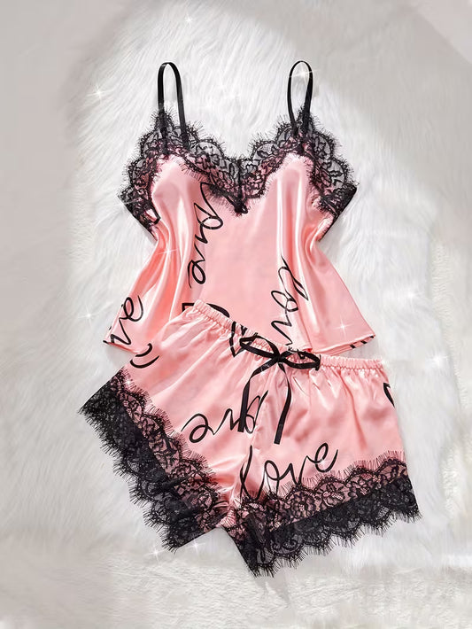 Women's Satin Lace Cami Pajama Set – 2 Piece Sleepwear in Pink, product view – Rosie Mode