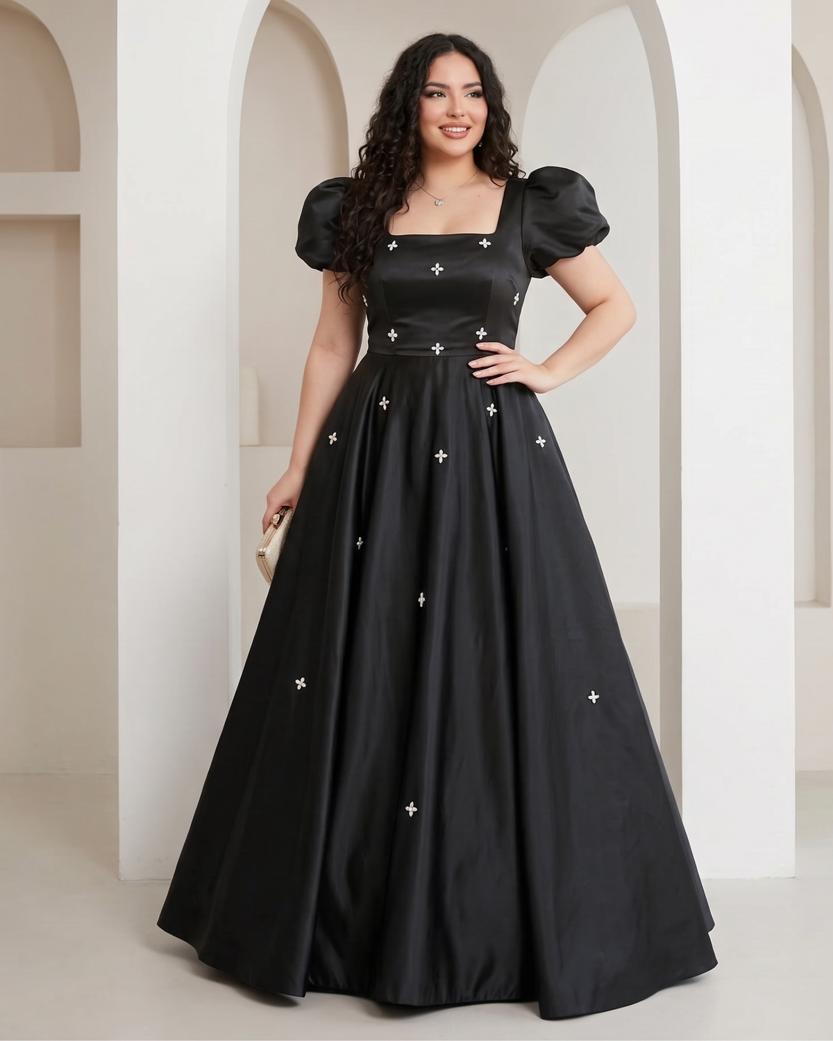 Women's satin A-line formal evening dress in Black, front view – Rosie Mode