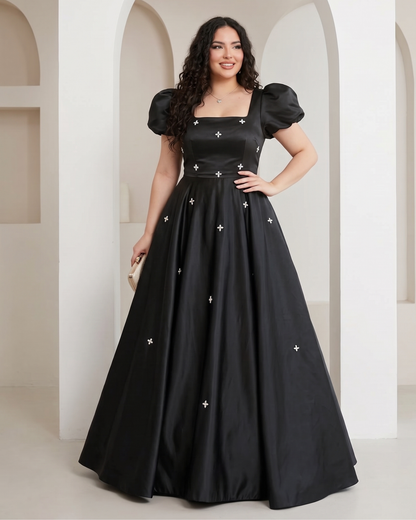 Women's satin A-line formal evening dress in Black, front view – Rosie Mode