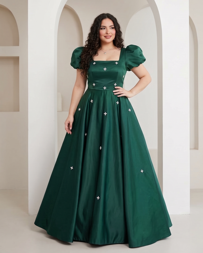 Women's satin A-line formal evening dress in Green, front view – Rosie Mode