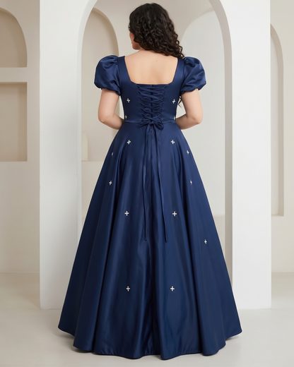 Women's satin A-line formal evening dress in Navy Blue, back view – Rosie Mode