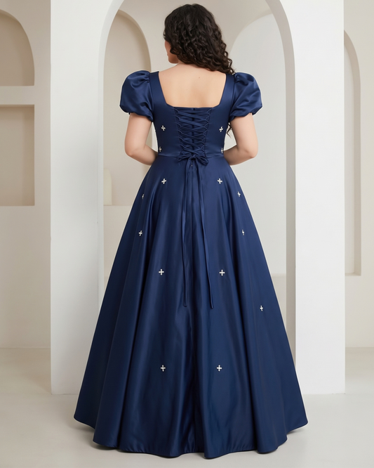 Women's satin A-line formal evening dress in Navy Blue, back view – Rosie Mode