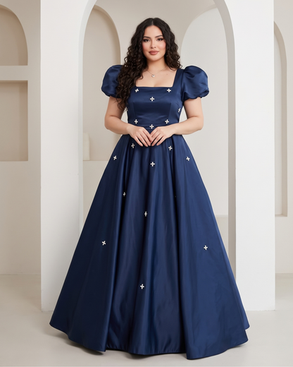 Women's satin A-line formal evening dress in Navy Blue, front view – Rosie Mode