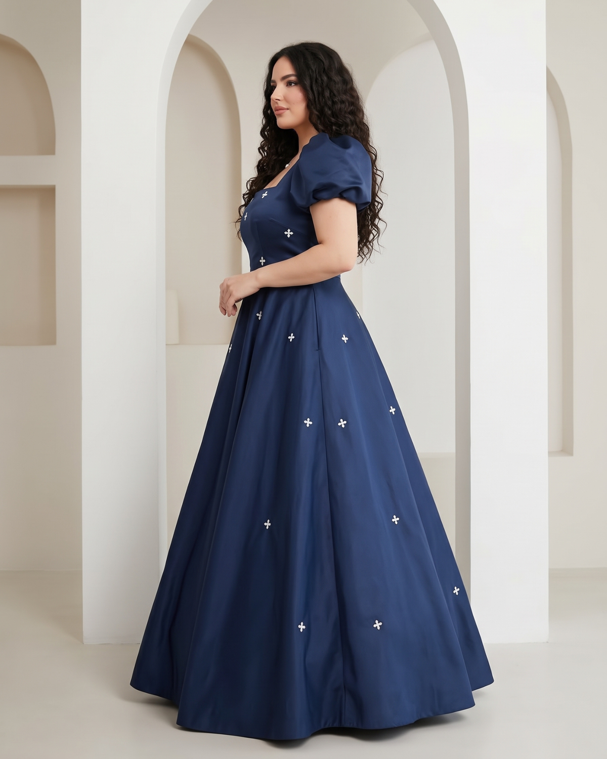 Women's satin A-line formal evening dress in Navy Blue, side view – Rosie Mode