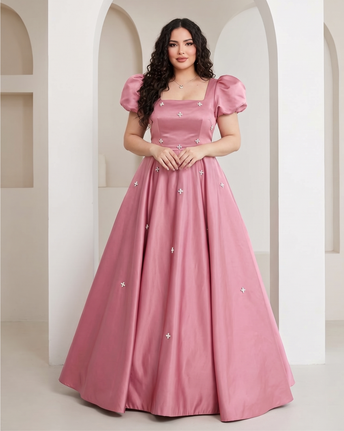 Women's satin A-line formal evening dress in Pink, front view – Rosie Mode