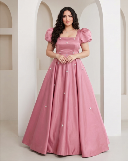 Women's satin A-line formal evening dress in Pink, front view – Rosie Mode