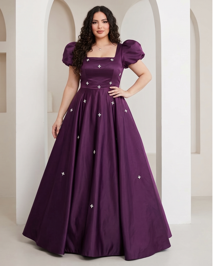 Women's satin A-line formal evening dress in Purple, front view – Rosie Mode