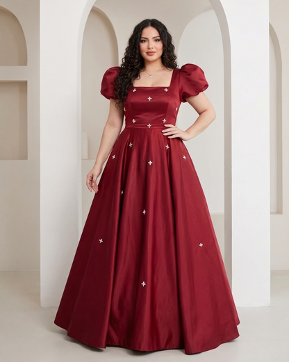 Women's satin A-line formal evening dress in Red, front view – Rosie Mode