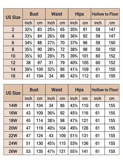 Women's satin A-line formal evening dress size chart – Rosie Mode