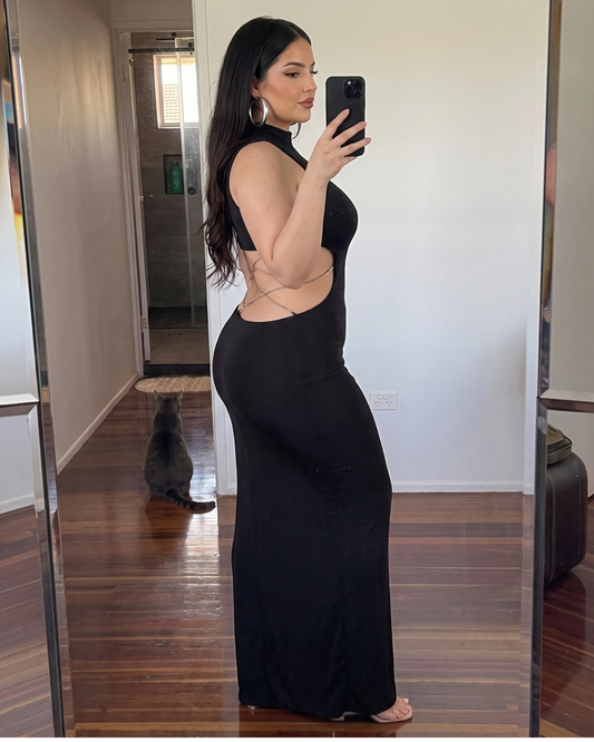 Women's Black Backless Bodycon Maxi Dress – Cutout Party Dress, product view – Rosie Mode