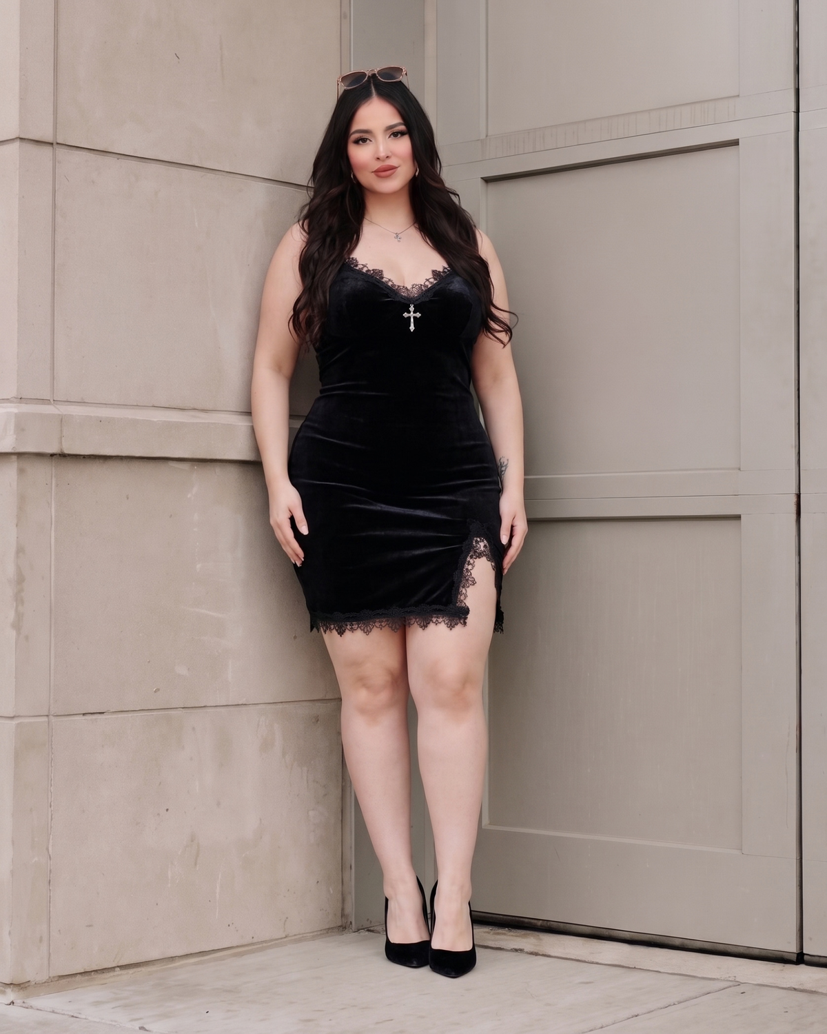 Women's Black V-Neck Mini Dress – Holiday Party Dress, product view – Rosie Mode