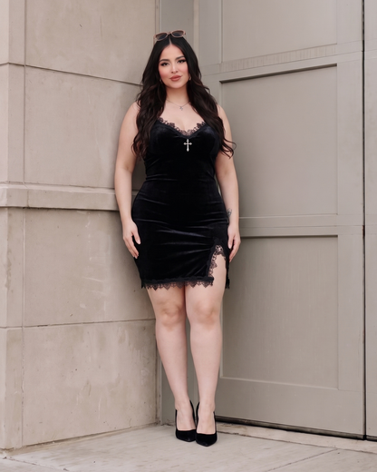 Women's Black V-Neck Mini Dress – Holiday Party Dress, product view – Rosie Mode