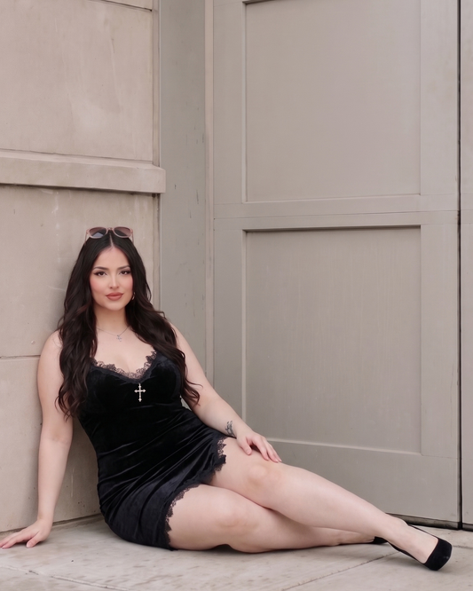 Women's Black V-Neck Mini Dress – Holiday Party Dress, product view – Rosie Mode
