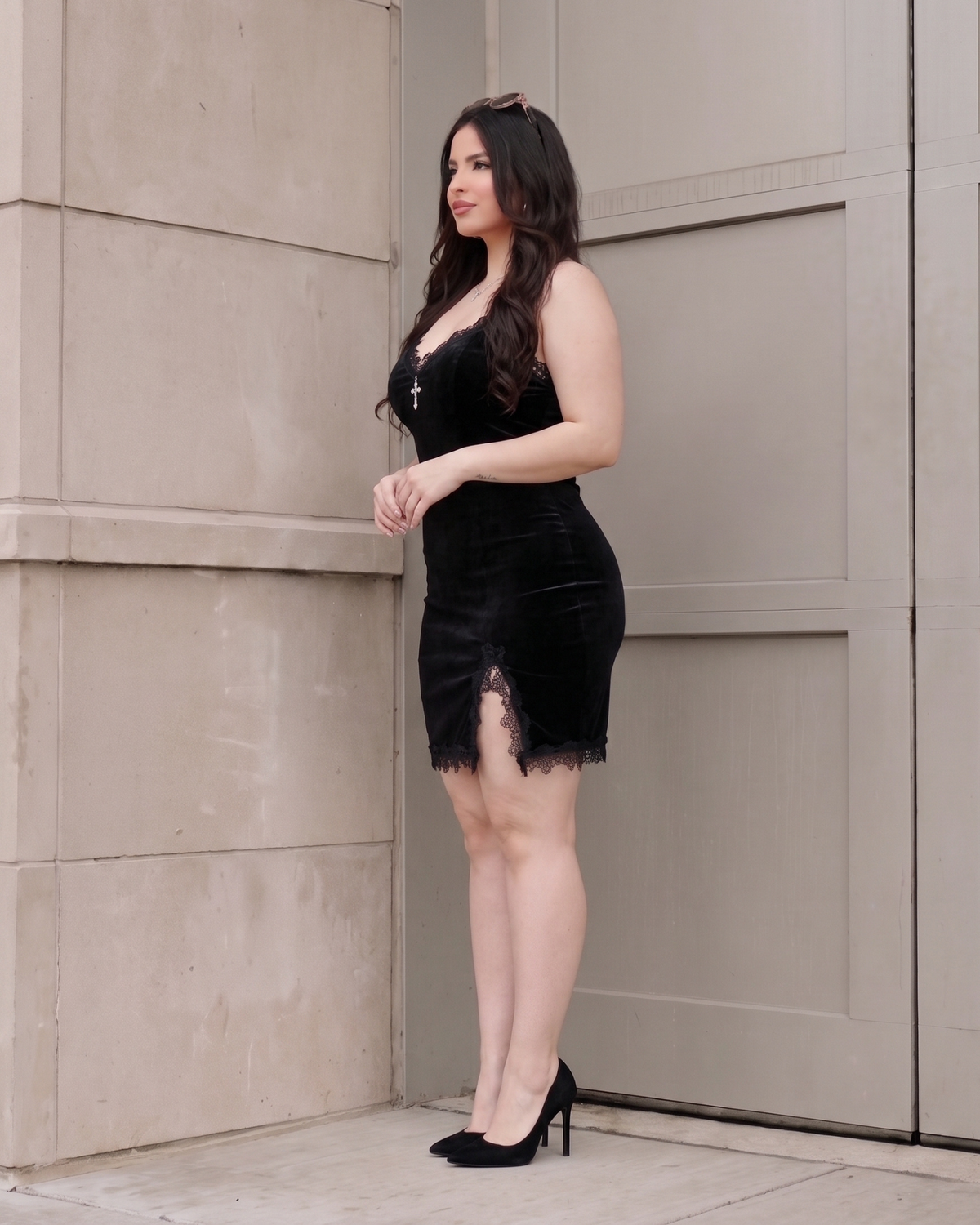 Women's Black V-Neck Mini Dress – Holiday Party Dress, product view – Rosie Mode