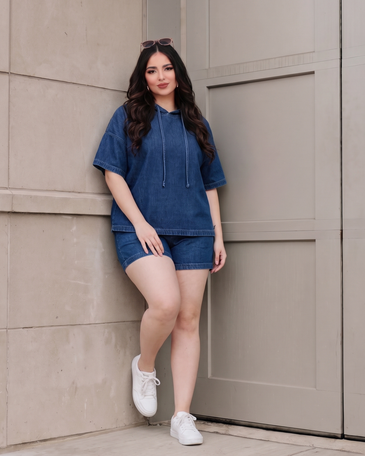 Women's Denim Hoodie Top – Relaxed Casual Pullover, product view – Rosie Mode