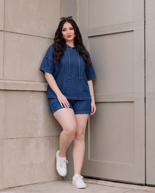Women's Denim Hoodie Top – Relaxed Casual Pullover, product view – Rosie Mode