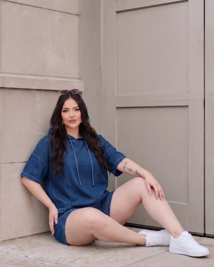 Women's Denim Hoodie Top – Relaxed Casual Pullover, product view – Rosie Mode