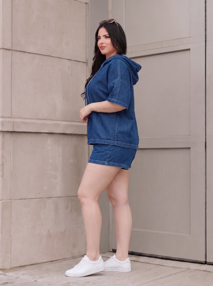 Women's Denim Hoodie Top – Relaxed Casual Pullover, product view – Rosie Mode