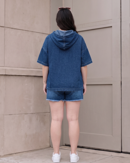 Women's Denim Hoodie Top – Relaxed Casual Pullover, product view – Rosie Mode