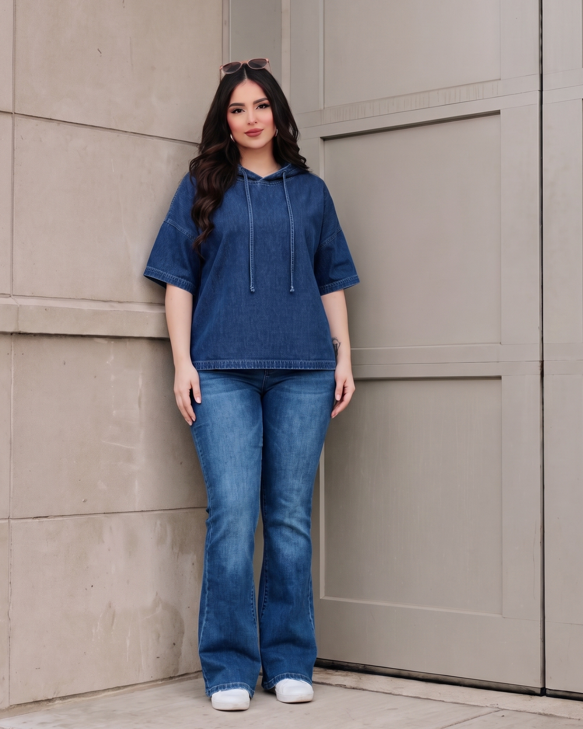 Women's Denim Hoodie Top – Relaxed Casual Pullover, product view – Rosie Mode