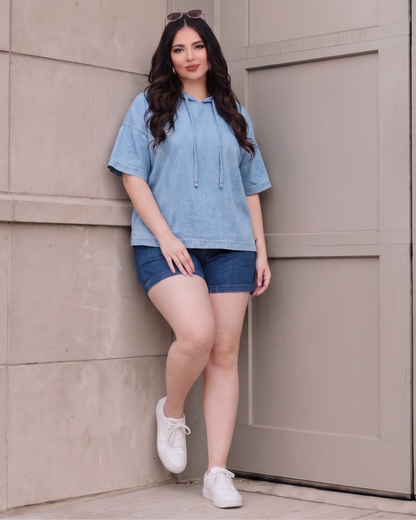 Women's Denim Hoodie Top – Relaxed Casual Pullover, product view – Rosie Mode