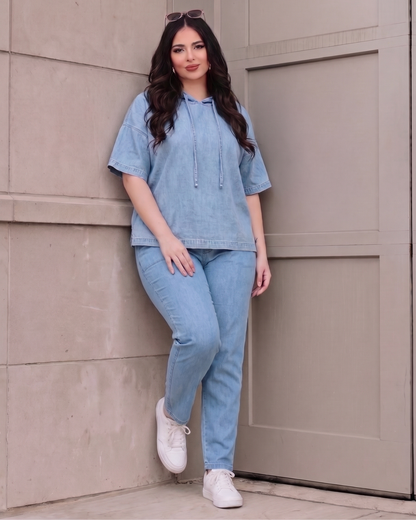 Women's Denim Hoodie Top – Relaxed Casual Pullover, product view – Rosie Mode