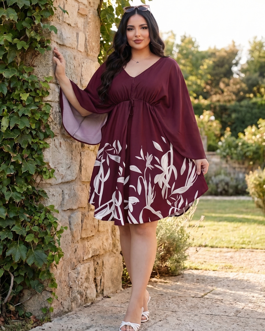 Women's Floral Babydoll Mini Dress – Casual Party Dress in Burgundy, product view – Rosie Mode