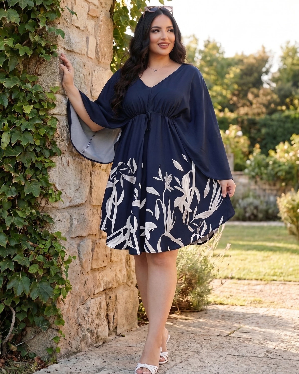 Women's Floral Babydoll Mini Dress – Casual Party Dress in Navy Blue, product view – Rosie Mode