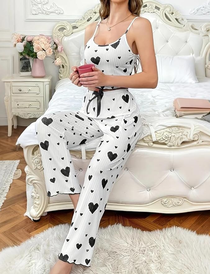 Women's Heart Print Pajama Set – Top & Lounge Pants in Black, product view – Rosie Mode