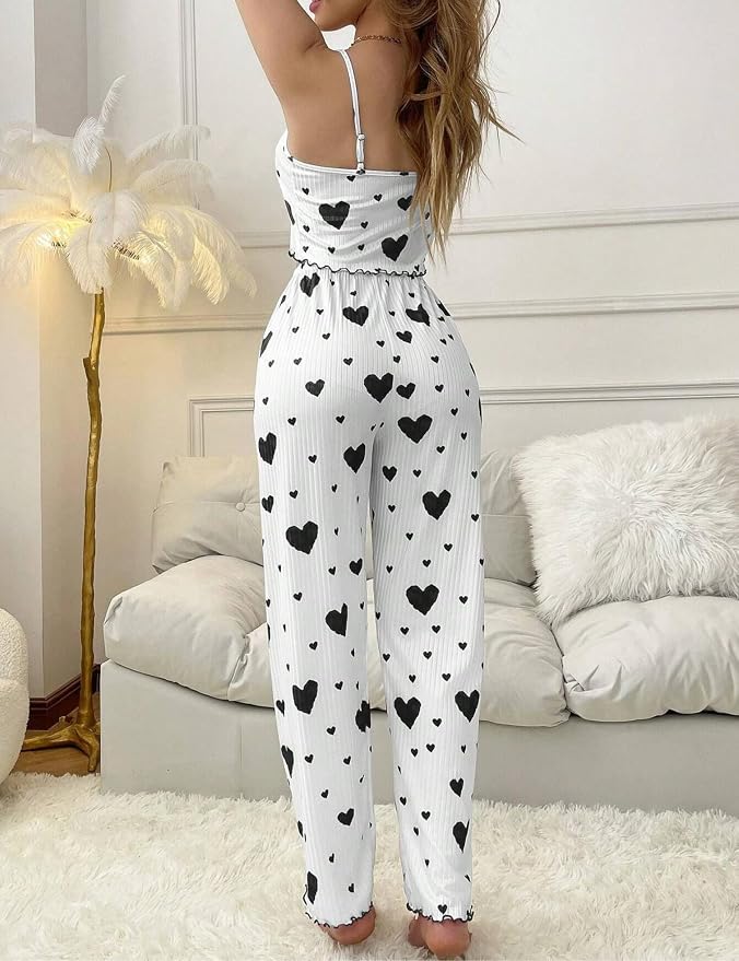 Women's Heart Print Pajama Set – Top & Lounge Pants in Black, product view – Rosie Mode