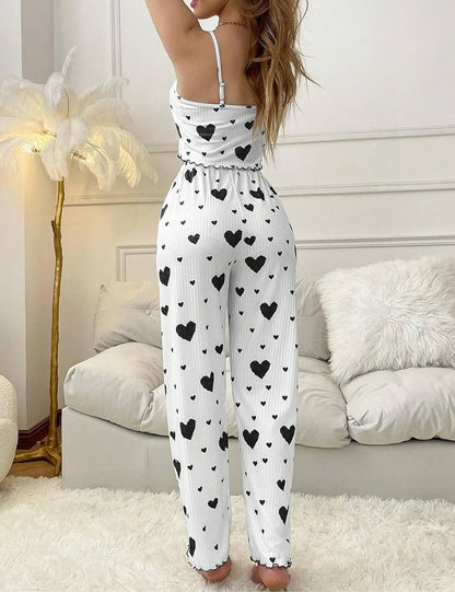 Women's Heart Print Pajama Set – Top & Lounge Pants in Black, product view – Rosie Mode