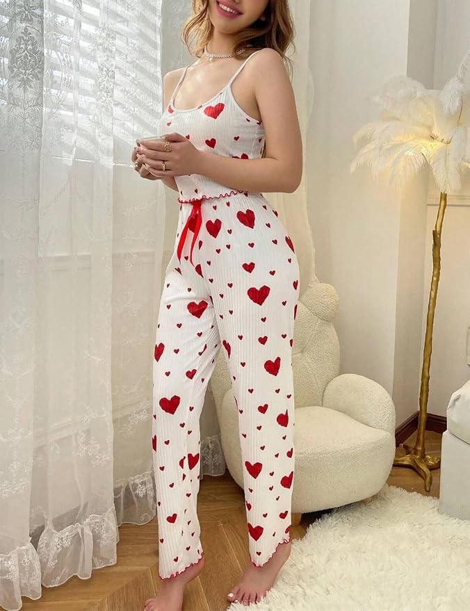 Women's Heart Print Pajama Set – Top & Lounge Pants, product view – Rosie Mode