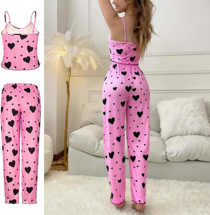 Women's Heart Print Pajama Set – Top & Lounge Pants, product view – Rosie Mode