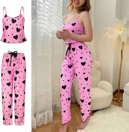 Women's Heart Print Pajama Set – Top & Lounge Pants, product view – Rosie Mode