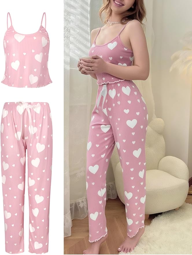 Women's Heart Print Pajama Set – Top & Lounge Pants, product view – Rosie Mode
