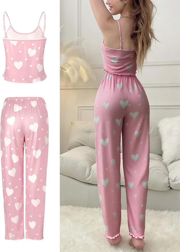 Women's Heart Print Pajama Set – Top & Lounge Pants, product view – Rosie Mode
