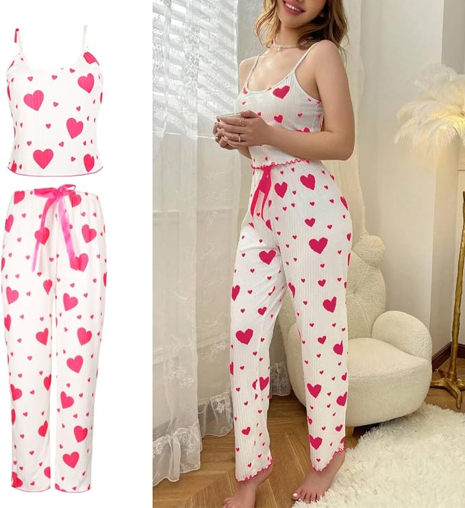 Women's Heart Print Pajama Set – Top & Lounge Pants in Red, product view – Rosie Mode