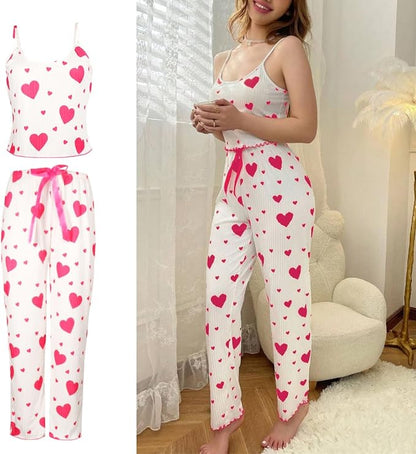 Women's Heart Print Pajama Set – Top & Lounge Pants in Red, product view – Rosie Mode