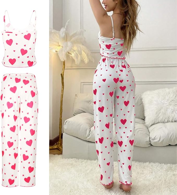 Women's Heart Print Pajama Set – Top & Lounge Pants in Red, product view – Rosie Mode