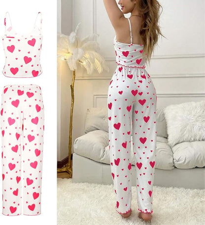 Women's Heart Print Pajama Set – Top & Lounge Pants in Red, product view – Rosie Mode