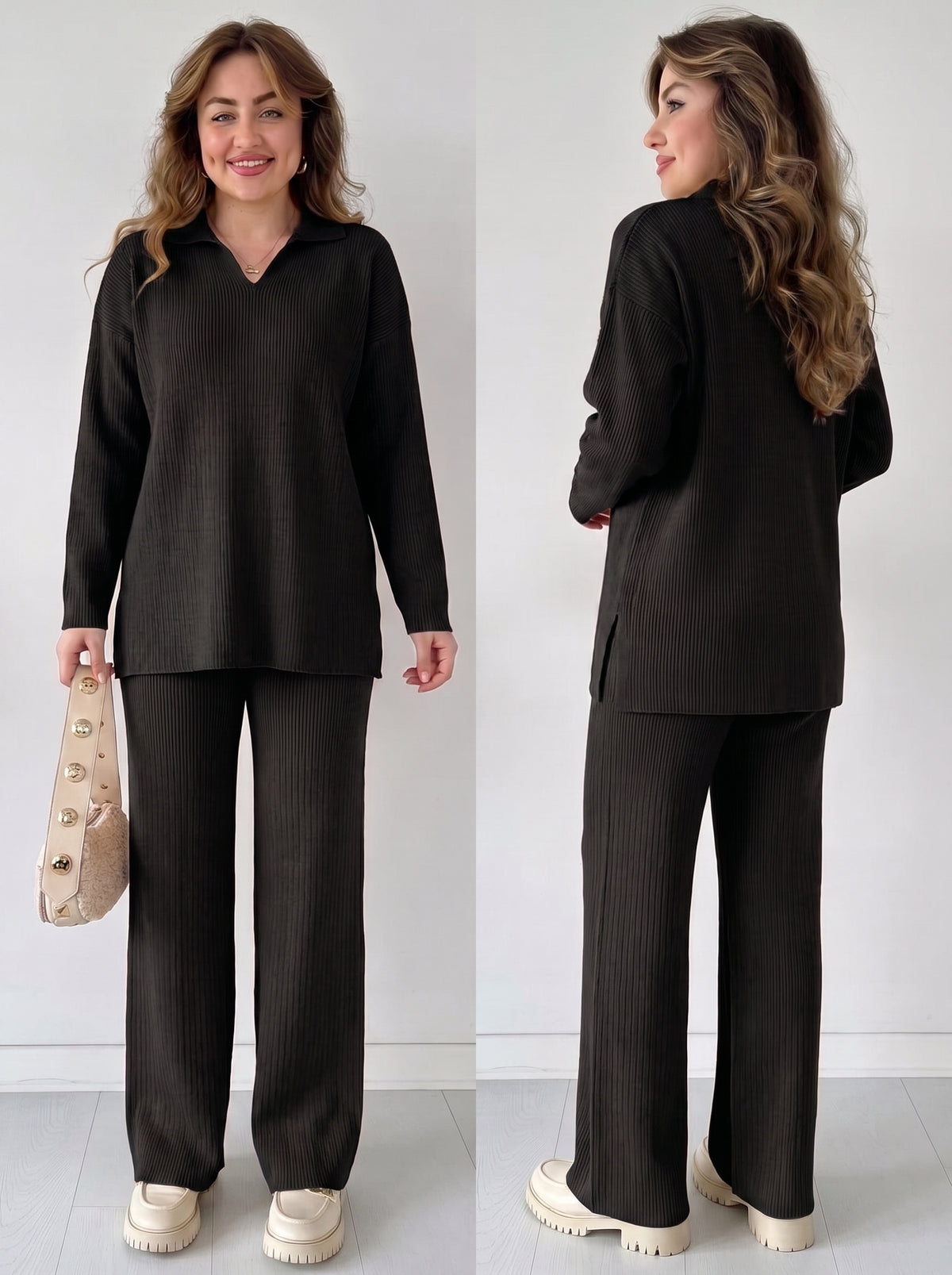 Women's Knit Two-Piece Set – Cozy Matching Outfit in Black, product view – Rosie Mode