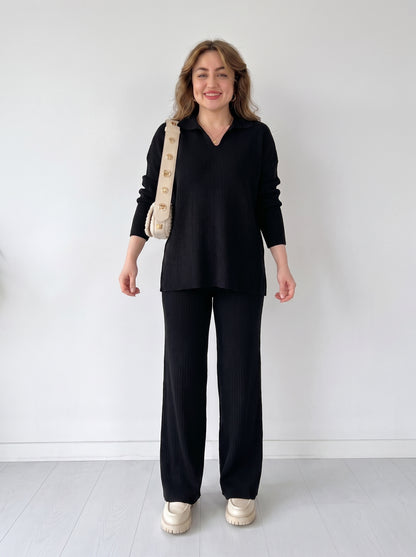 Women's Knit Two-Piece Set – Cozy Matching Outfit in Black, product view – Rosie Mode