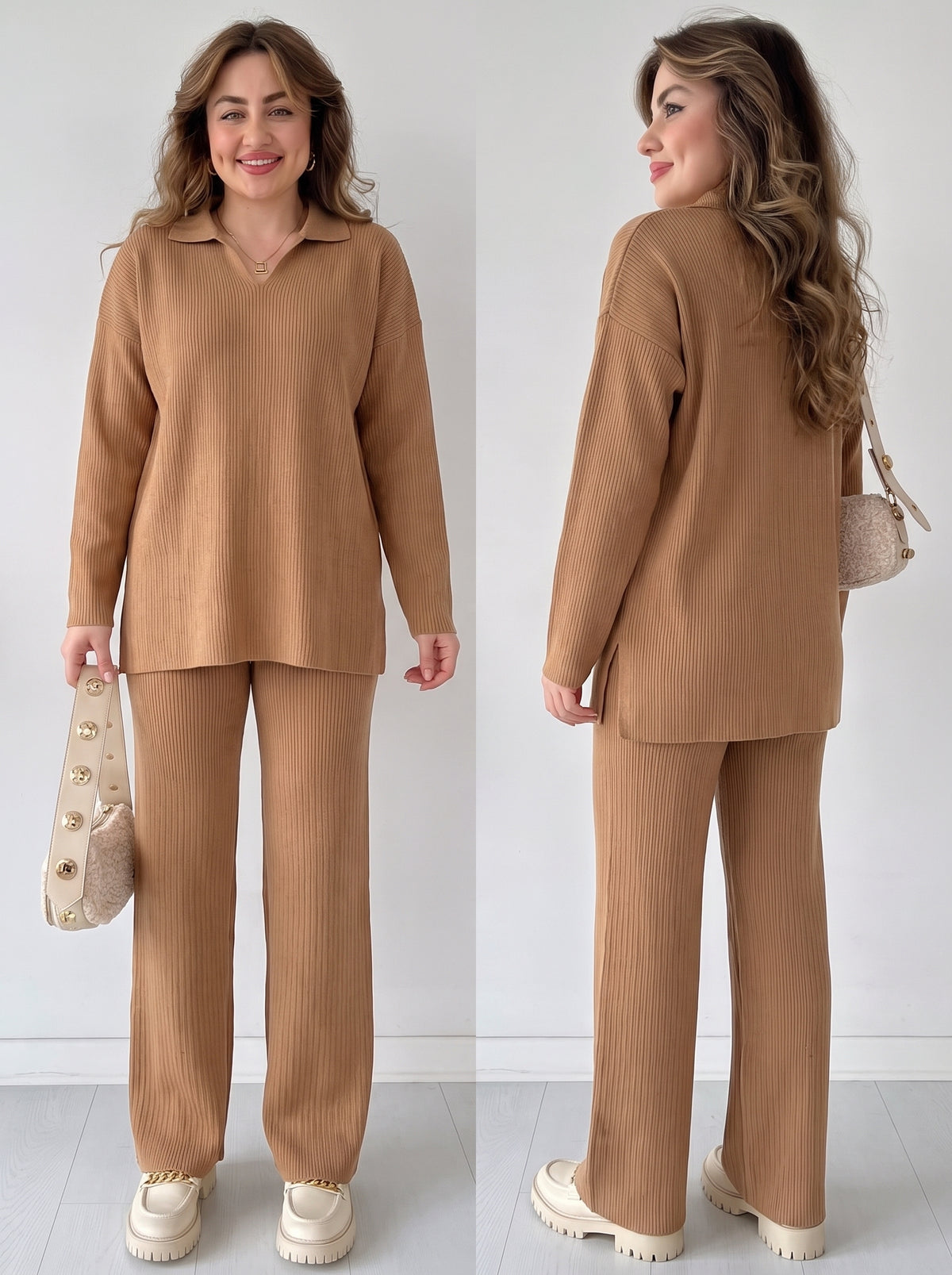 Women's Knit Two-Piece Set – Cozy Matching Outfit in Brown, product view – Rosie Mode