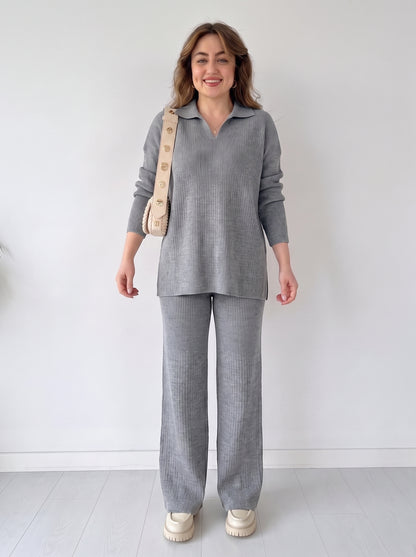 Women's Knit Two-Piece Set – Cozy Matching Outfit in Gray, product view – Rosie Mode