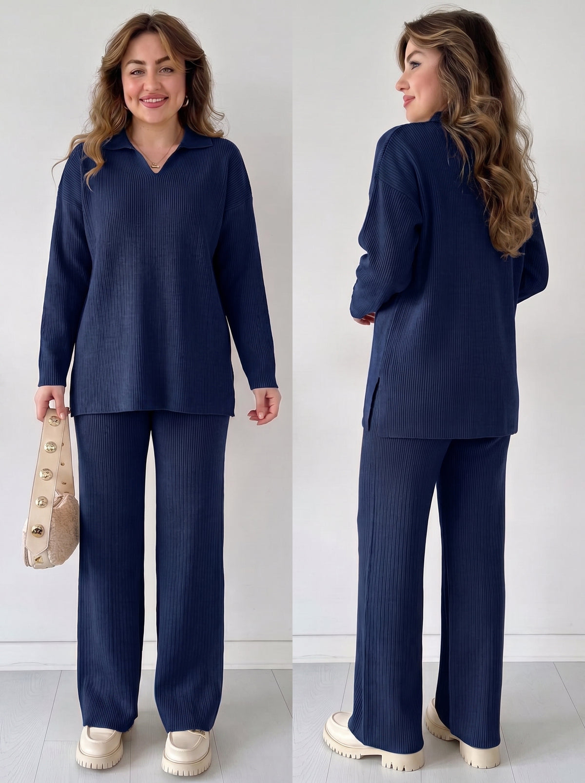 Women's Knit Two-Piece Set – Cozy Matching Outfit in Navy, product view – Rosie Mode