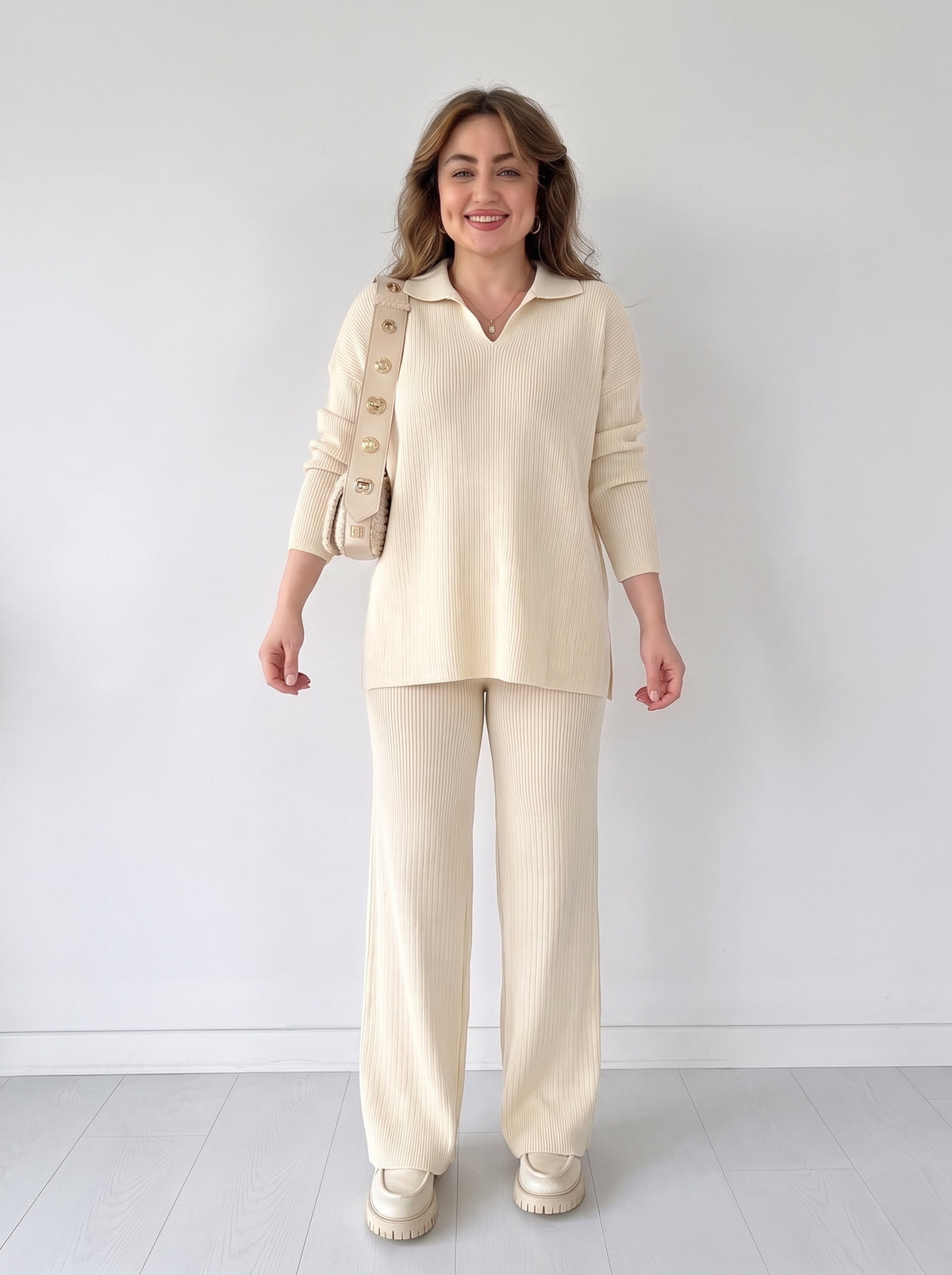 Women's Knit Two-Piece Set – Cozy Matching Outfit in White, product view – Rosie Mode