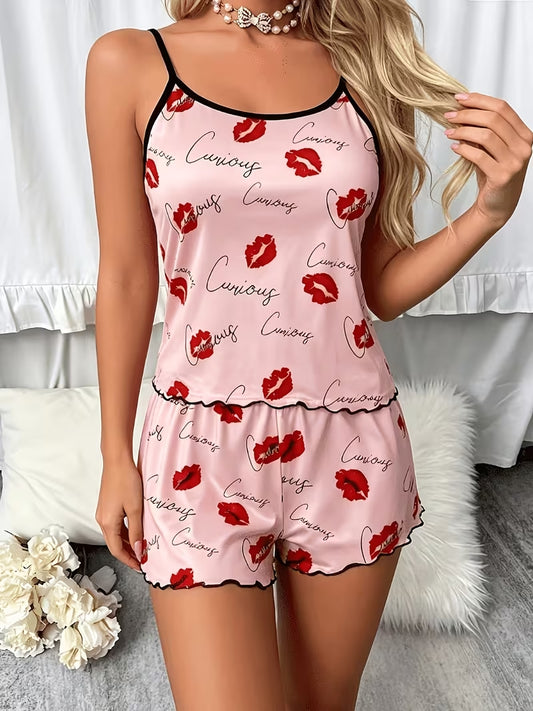 Women's Lip Print Cami Pajama Set – 2 Piece Sleepwear, product view – Rosie Mode