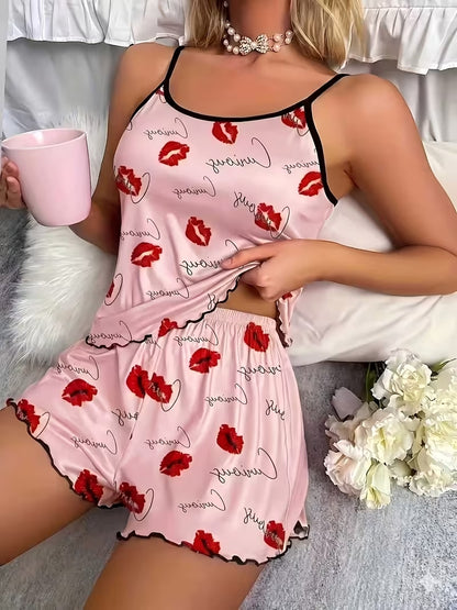 Women's Lip Print Cami Pajama Set – 2 Piece Sleepwear, product view – Rosie Mode